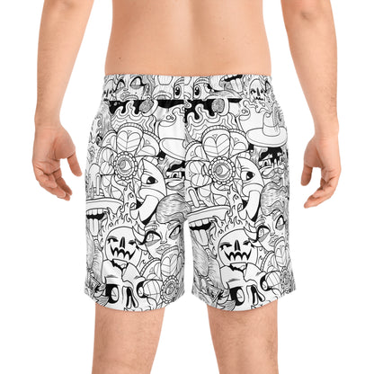 Men's Mid-Length Swim Shorts -Black & White Doodle