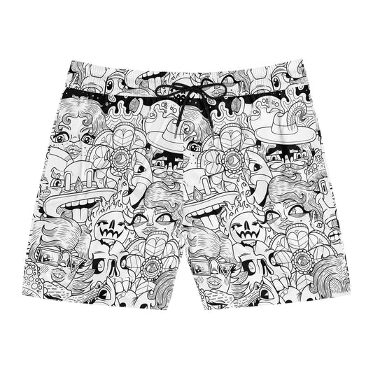 Men's Mid-Length Swim Shorts -Black & White Doodle