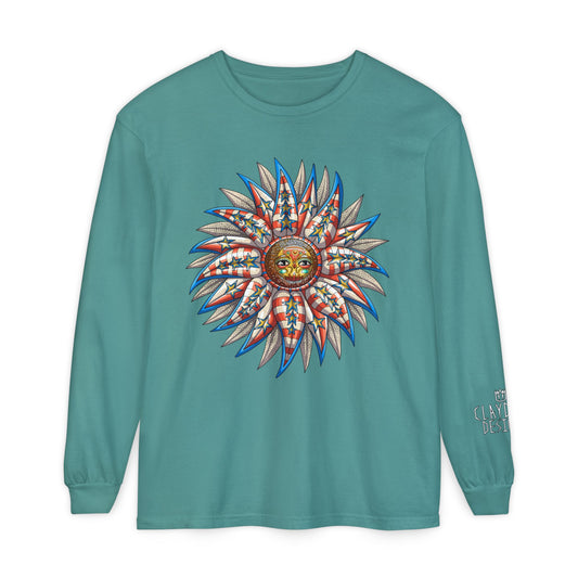 Unisex Garment-dyed Long Sleeve T-Shirt- Doodle Sunflower