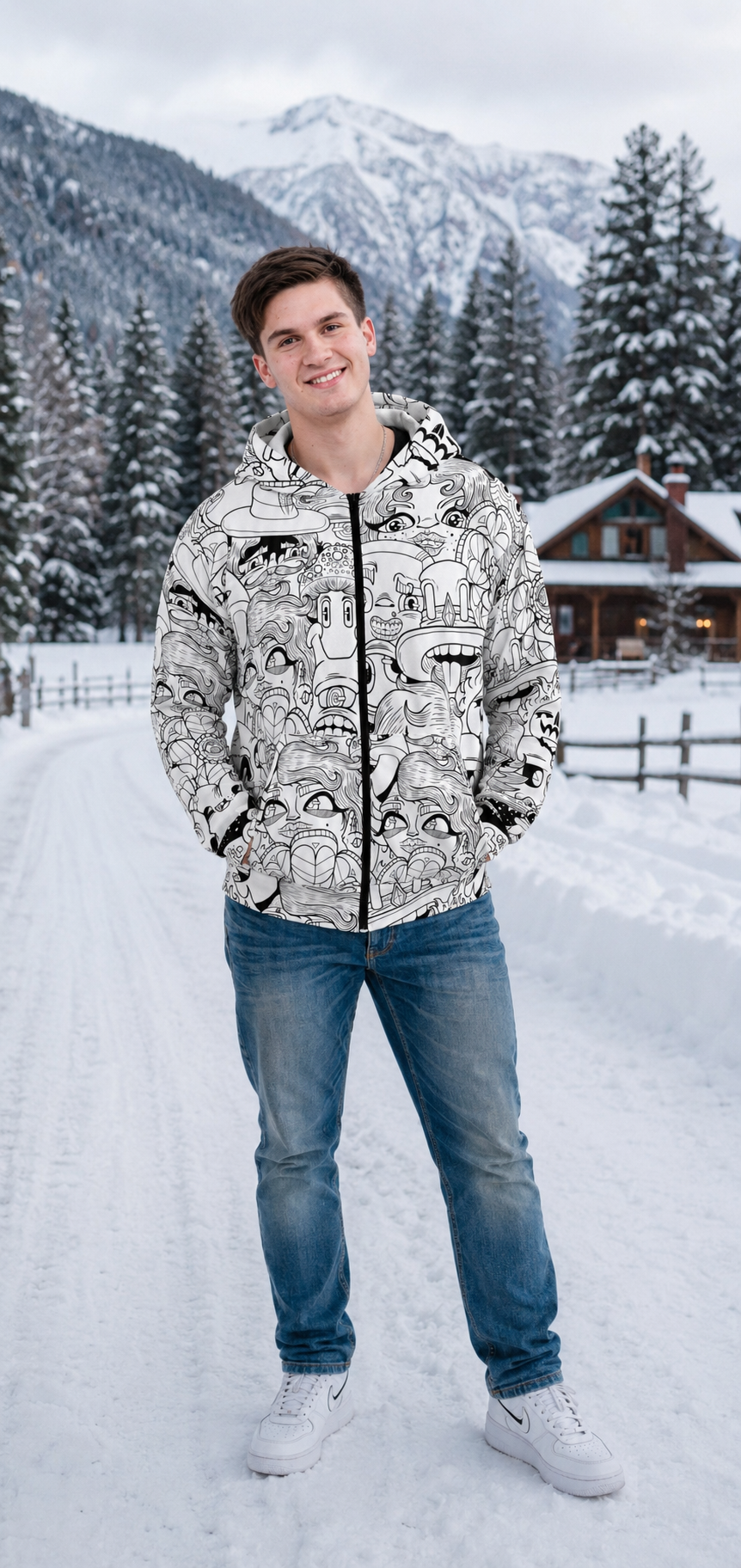Unisex Zip Hoodie Black & white Doodle