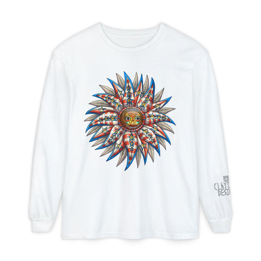 Unisex Garment-dyed Long Sleeve T-Shirt- Doodle Sunflower