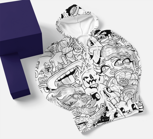 Zip Unisex Hoodie -Black & White Doodle